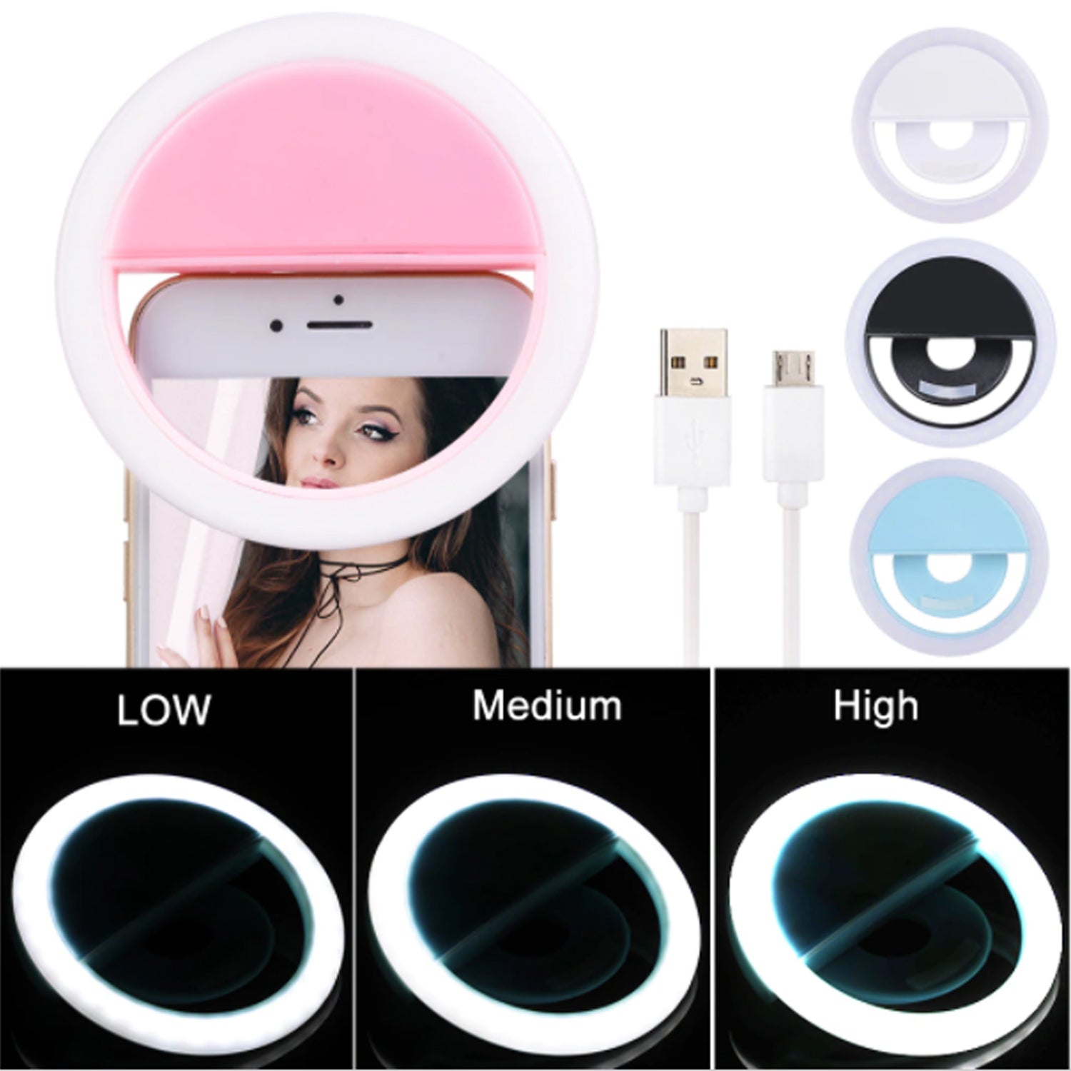 Selfie ring light, full view with adjustable settings Selfie ring light, full view with adjustable settings